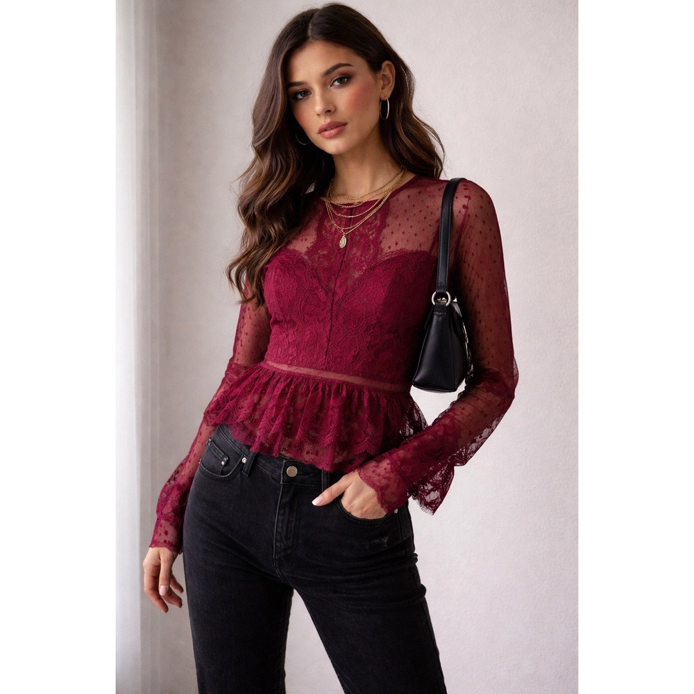 Romeo + Juliet Couture Burgundy Lace‎ Peplum Blouse Swiss Dot M Whimsy goth